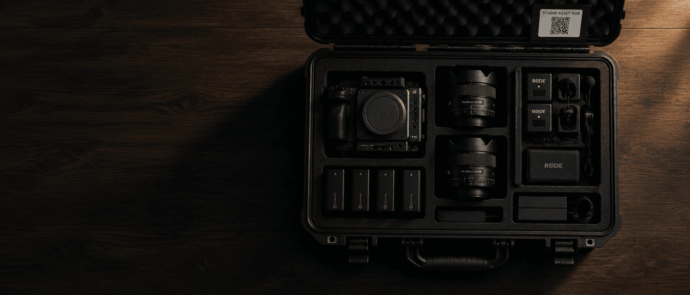 Open camera case with gear and QR label